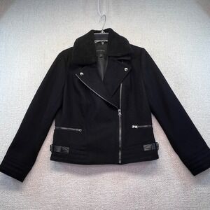 Banana‎ Republic Petite S Black Wool Moto Jacket Faux Shearling Collar Zip